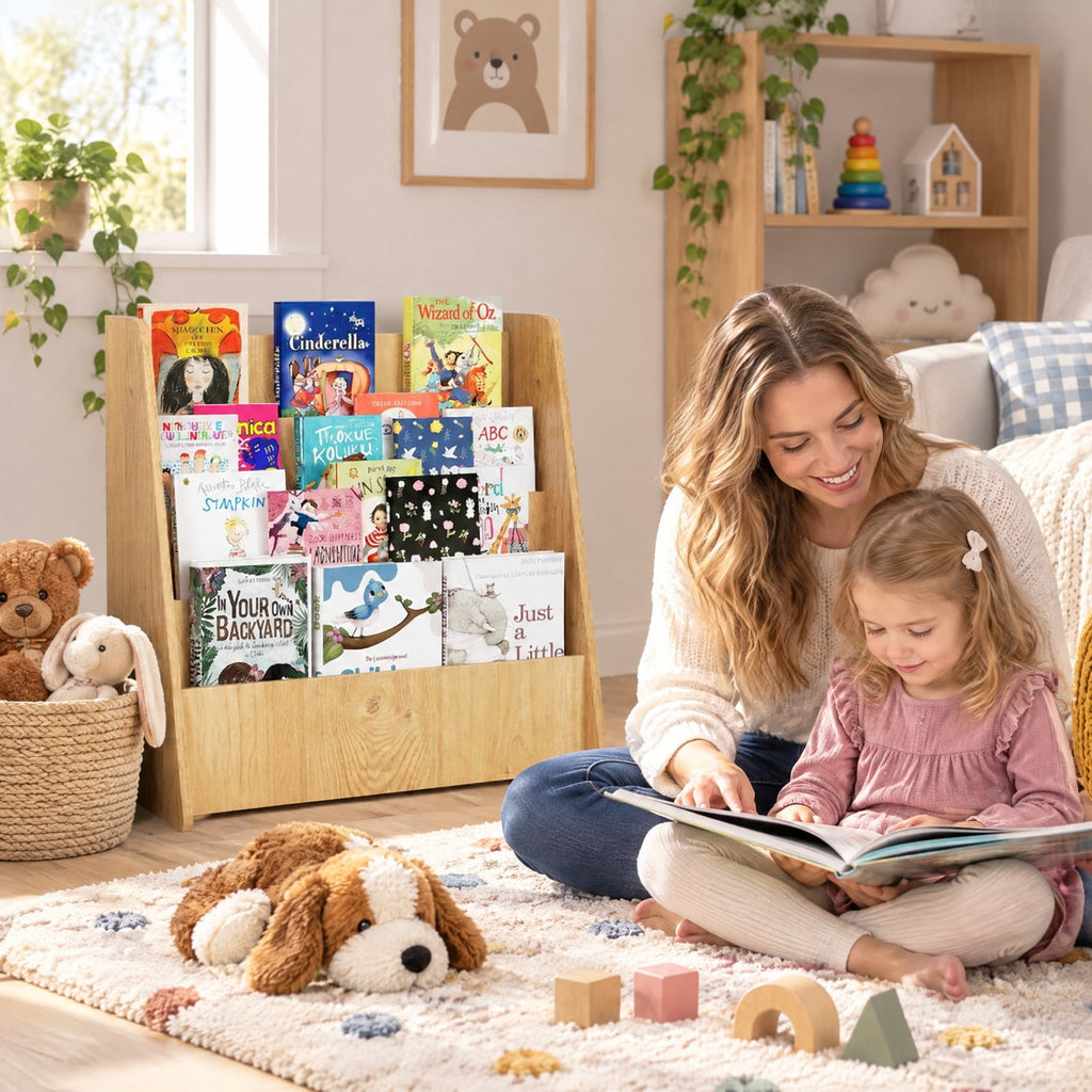 Airfind 4-Tier Kids Bookshelf with Deep Compartments for Bedroom, Natural, 4 open and deep compartments for book storage