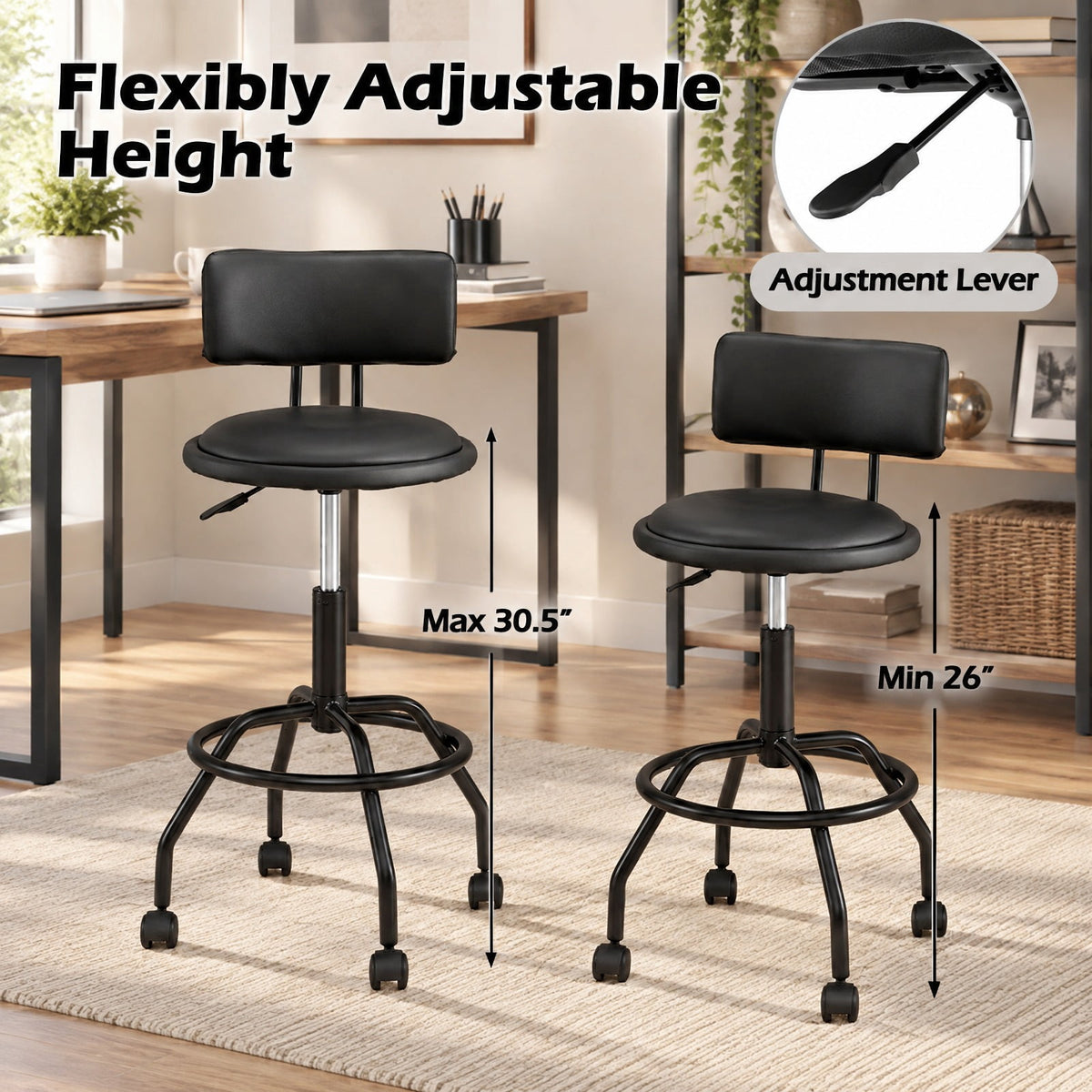 Airfind Modern Swivel Height Adjustable Bar Stool with Backrest, Bar Chair 330 lbs Capacity, Metal PU Leather Sponge Plywood Frame, Black