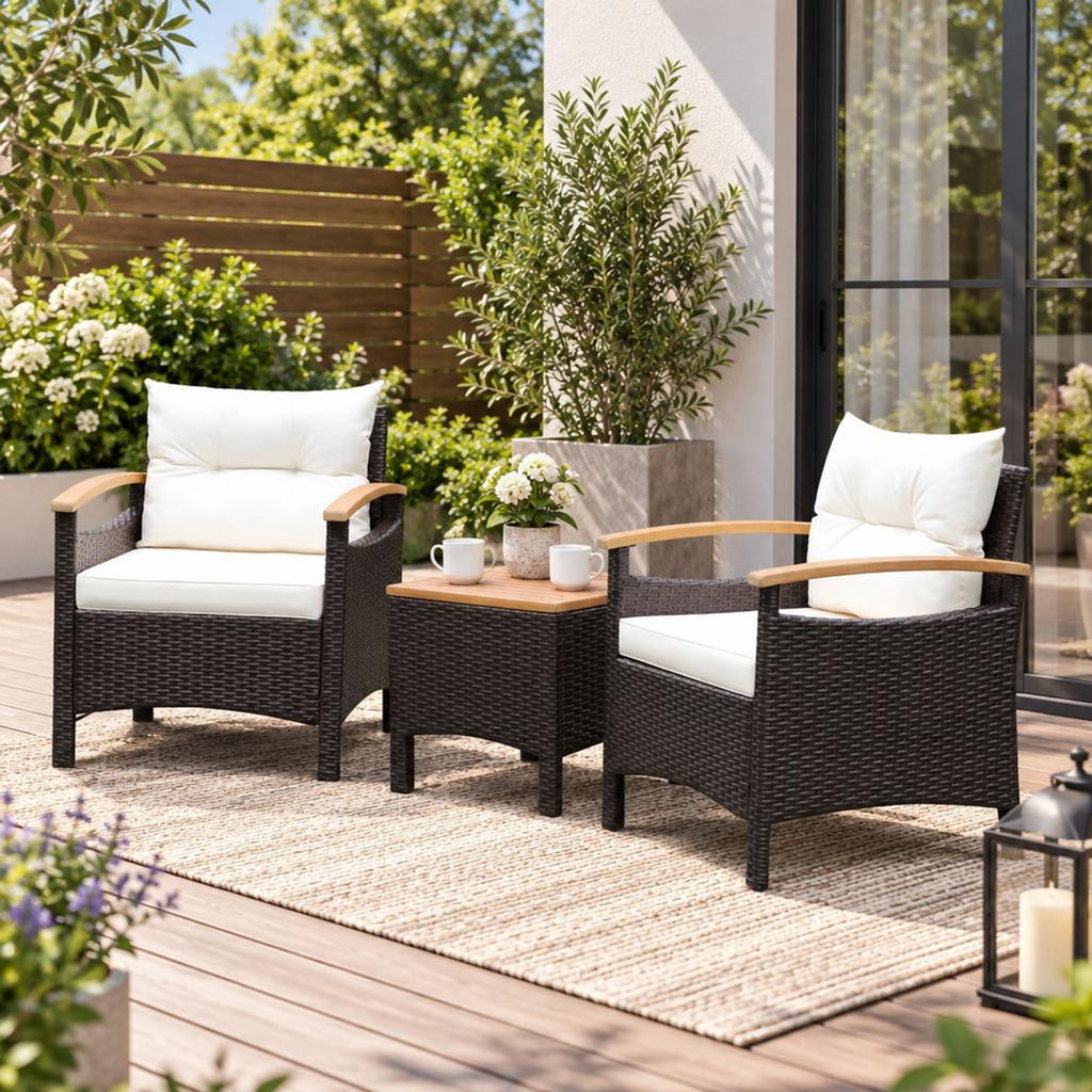 Airfind 3 Pieces Patio Rattan Furniture Set with Removable Cushion, PE Rattan Steel Acacia Wood Sponge Polyester Fabric Frame, White