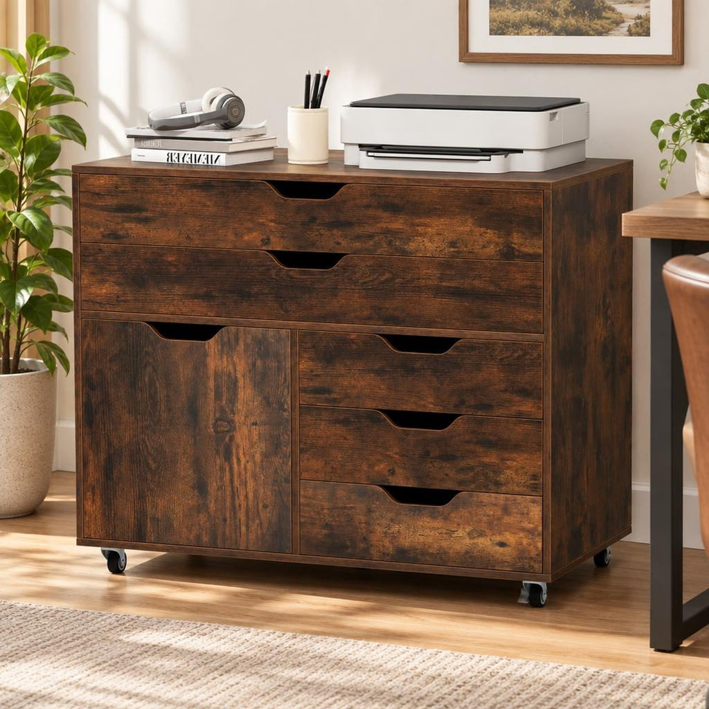 Airfind Modern Vertical 5-Drawer Mobile Chest with Door 5 Casters, 220 lbs Capacity, Engineered Wood MDF Metal Frame, 30.5in x 16in x 25in Footprint