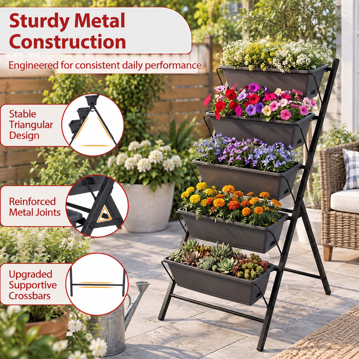Airfind 5-Tier Vertical Raised Garden Bed with Drainage System and Removable Trays for Vegetables, 11 lbs Capacity, PP Metal Frame, Black