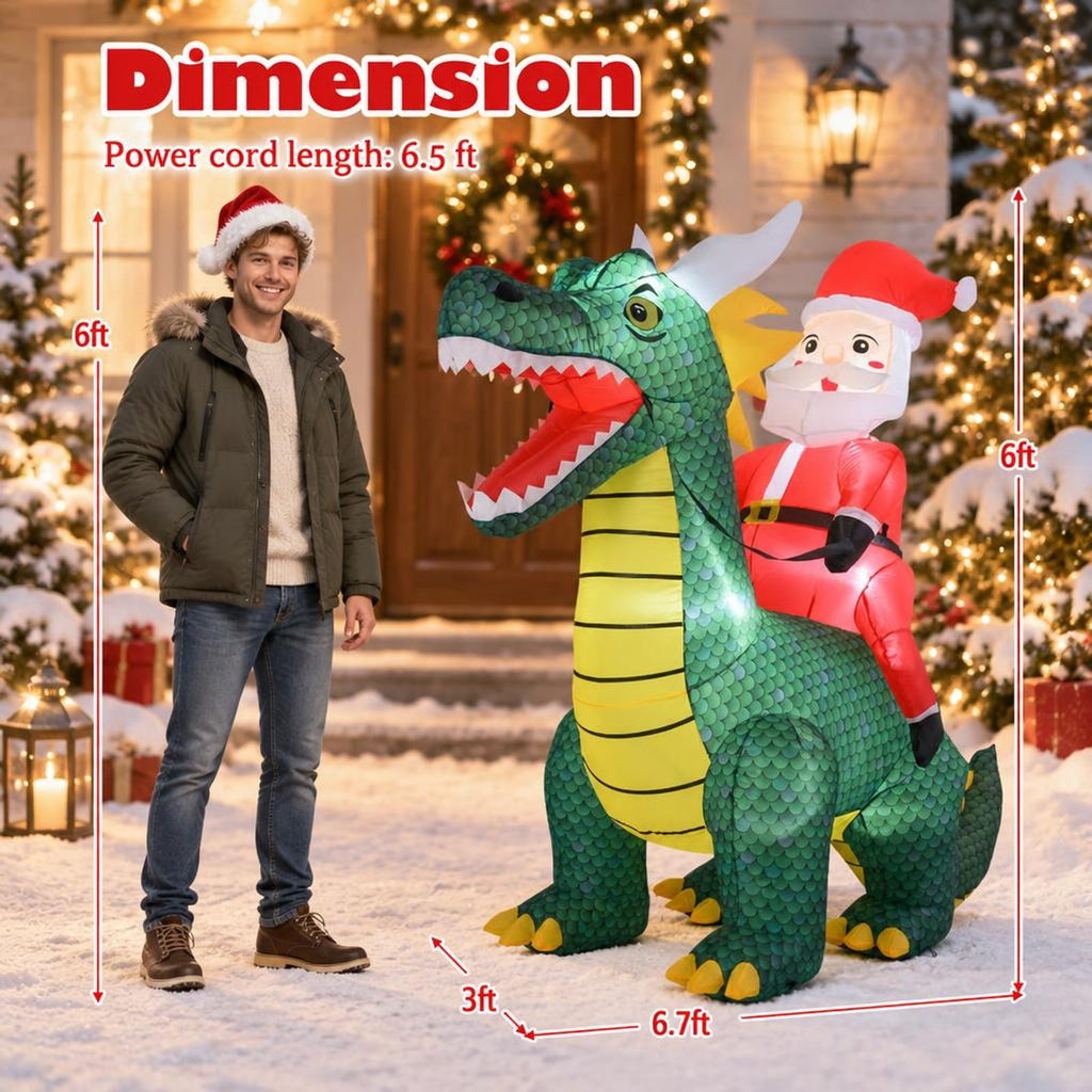Airfind 6.7 Feet Christmas Inflatable Santa Claus Ride on Dinosaur with Built, Polyester Fabric Frame, 6.7 ft x 3 ft x 6 ft Footprint, Multi-color