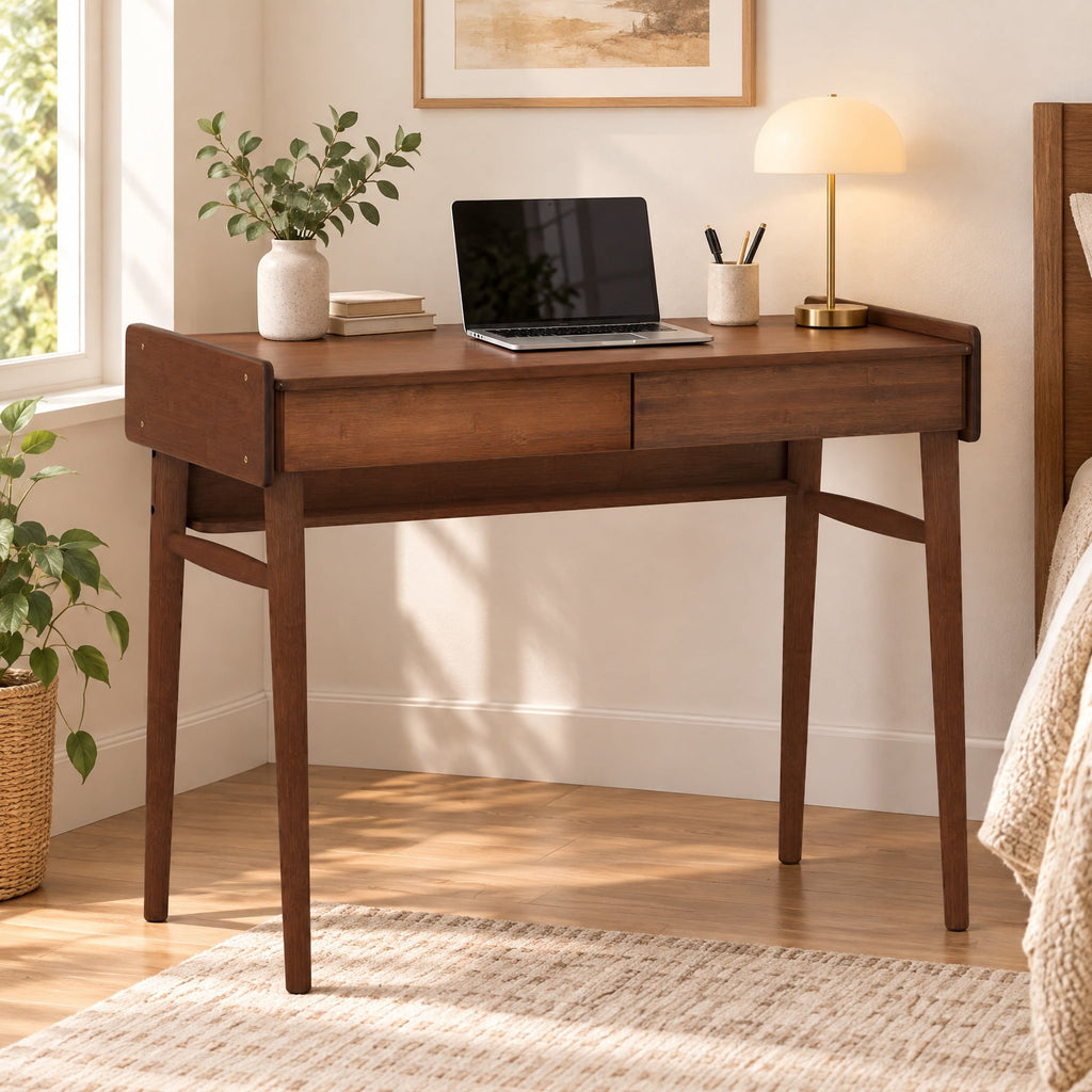 Airfind Bamboo Writing Desk with 2 Storage Drawers and Open Shelf, 110 lbs Capacity, Bamboo Frame, Walnut