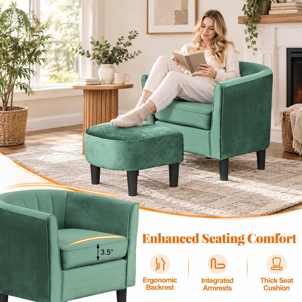 Airfind Upholstered Teddy Velvet Club Barrel Chair with Ottoman with Footrest, Velvet/ Teddy Velvet Sponge Plywood Plastic Frame, Green
