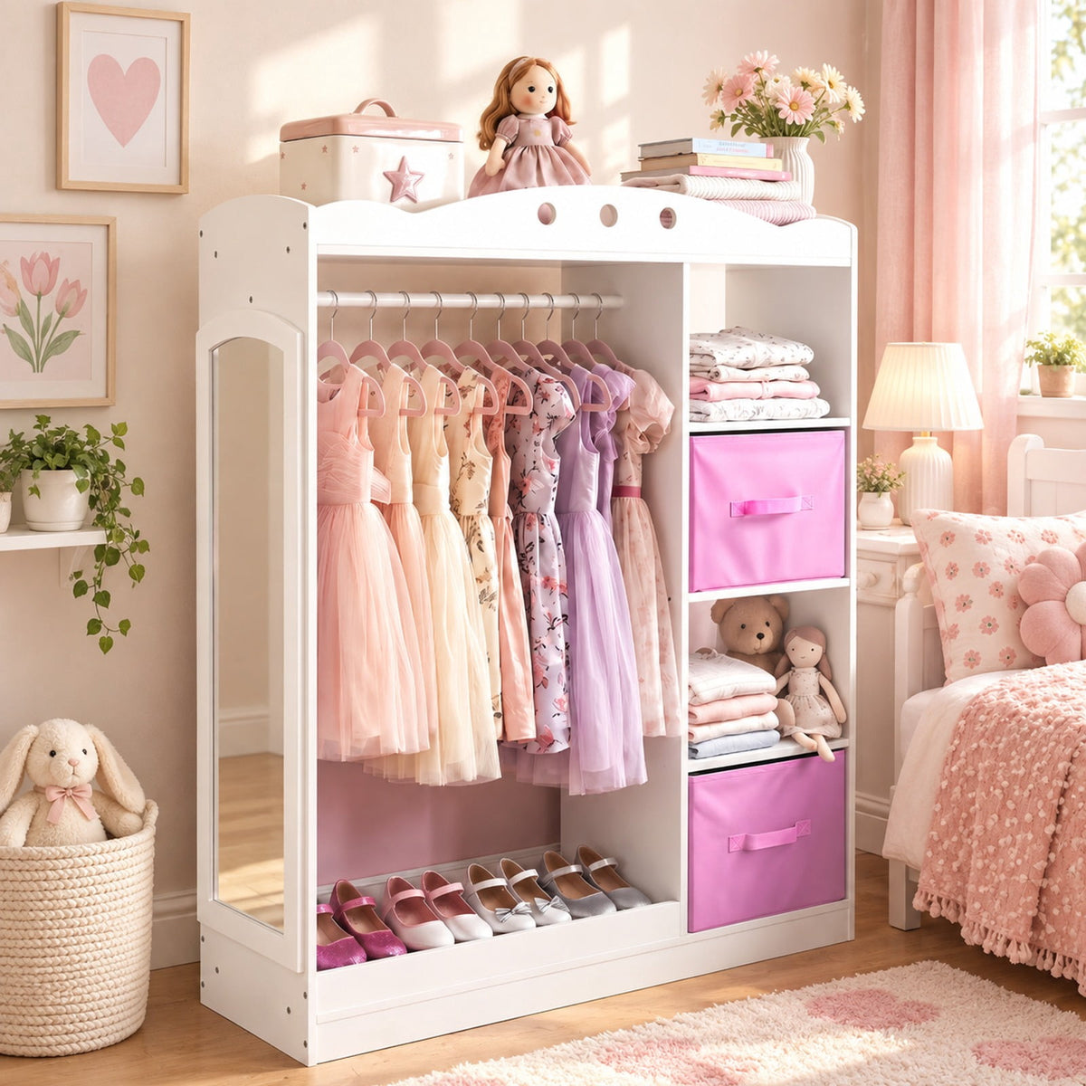 Airfind Kids Dress Up Storage with Full Length Mirror and Open Shelves, Engineered Wood Frame, for 3+ Years Old, 35.5in x 12in x 44in Footprint, White