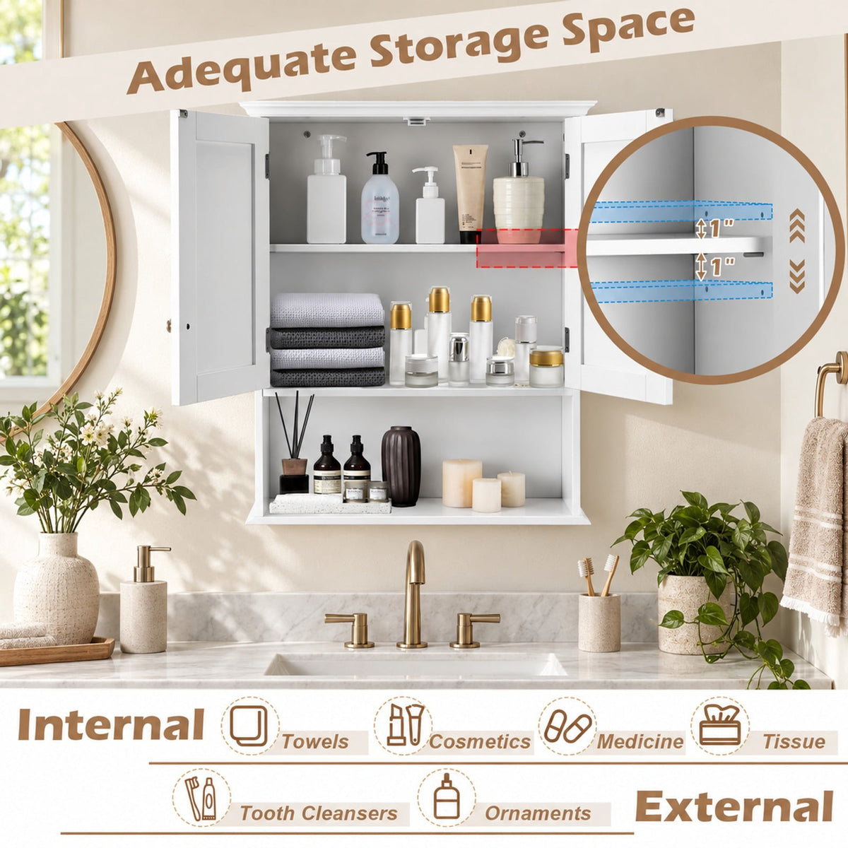Airfind Wall Mount Bathroom Cabinet Storage Organizer with Doors and Shelves, MDF Metal Frame, White