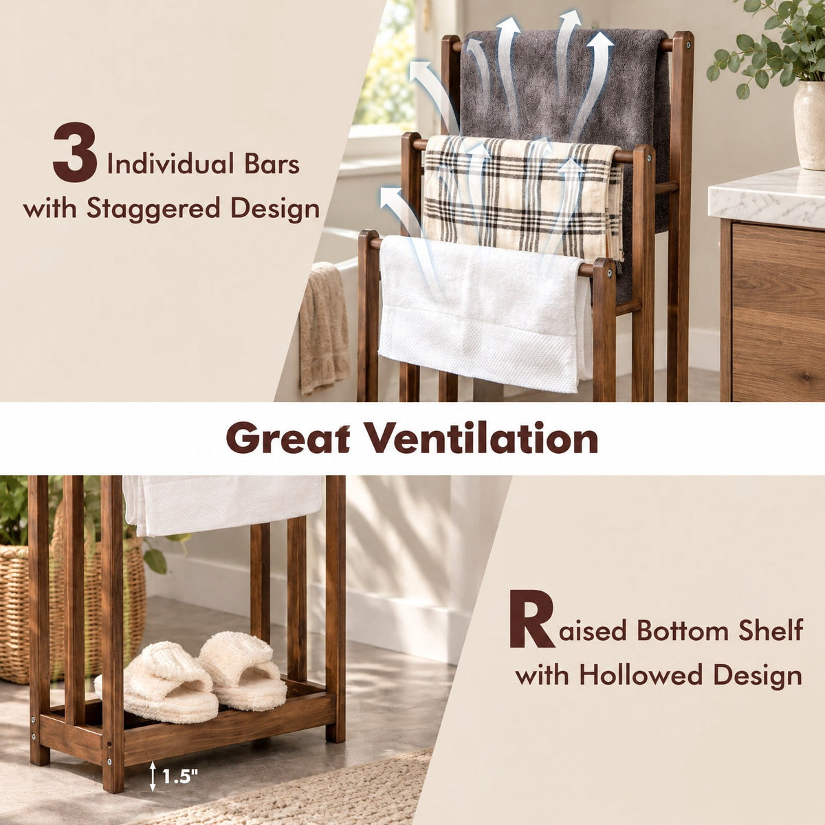 AIRFIND Towel Rack with Three Hanging Bars and Lower Storage Shelf, Freestanding Fir Wood Bathroom Organizer, 18 x 9 x 34 in, Rustic Brown