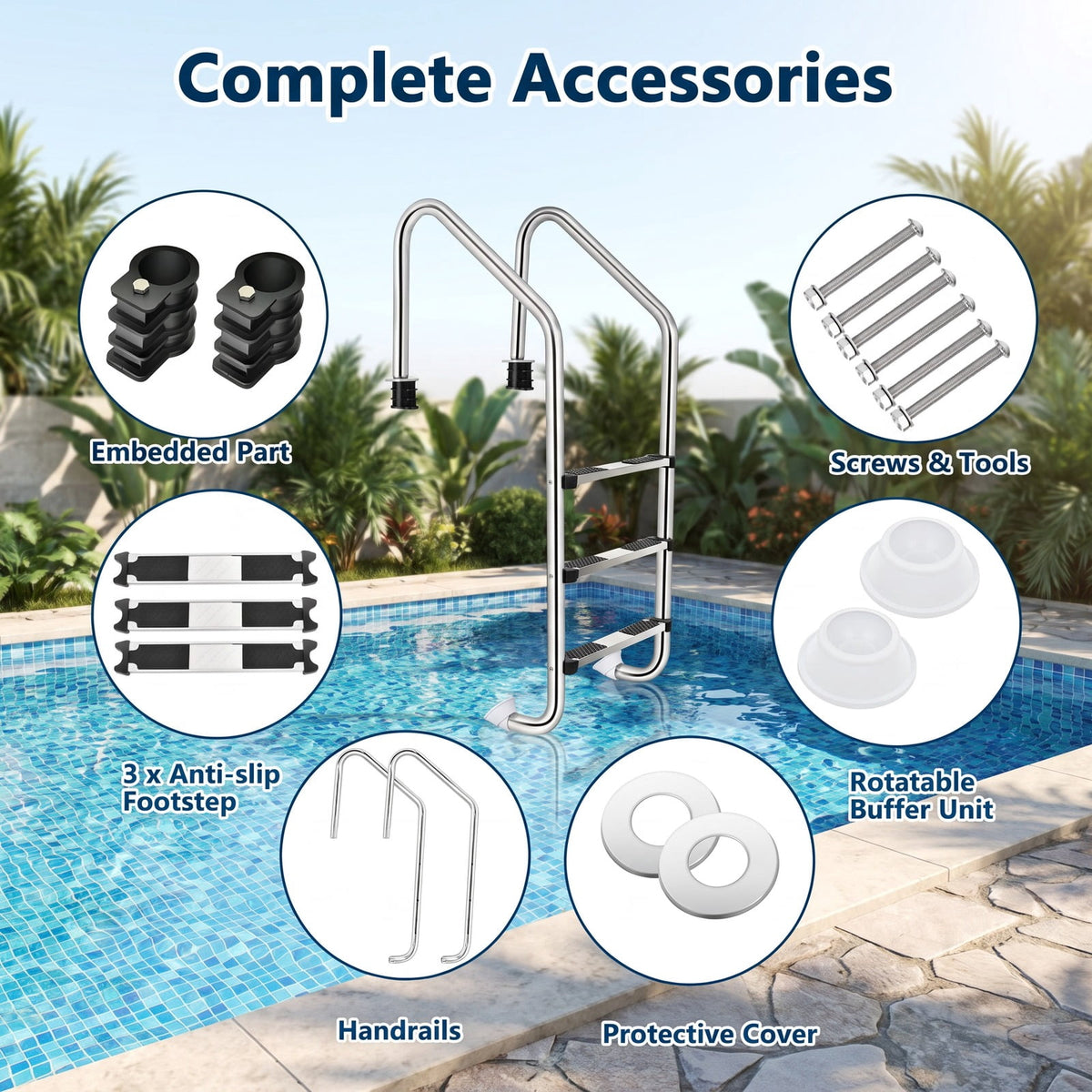 Airfind 3-Step Stainless Steel Swimming Pool Ladder with Anti-Slip Step, 265 lbs Capacity, 25 x 21.5 x 58 (L x W x H) Step Footprint, Silver
