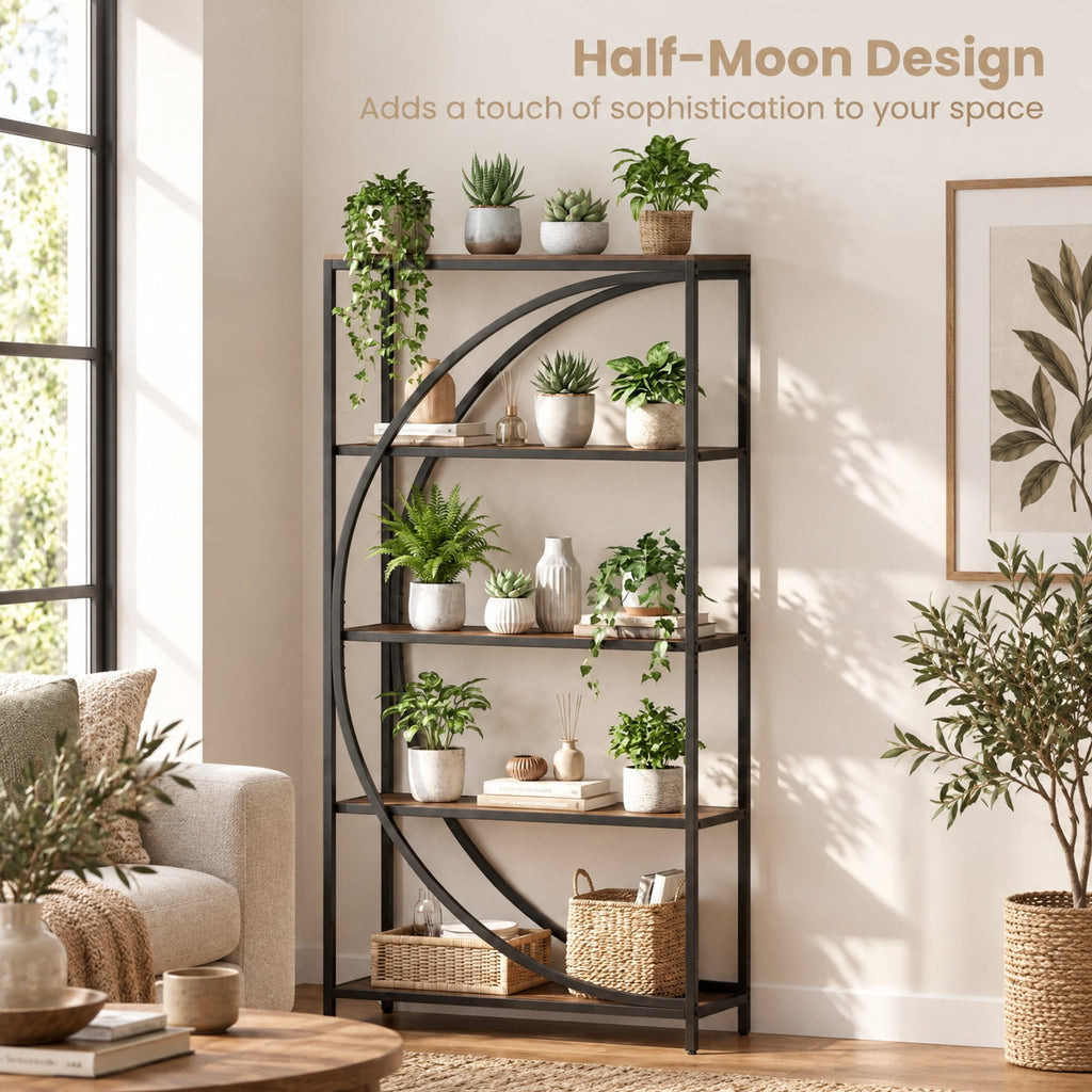 Airfind 5-Tier Bookshelf with Half-Moon Shape for Living Room and Home Office, 88 lbs Capacity, Engineered Wood Metal Frame, Brown