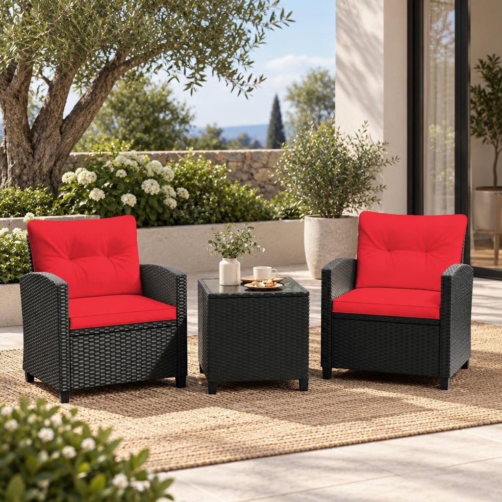 Airfind 3 Pieces Patio Furniture Set with Tempered Glass Coffee Table, 400 lbs Capacity, PE Rattan Metal Tempered Glass Polyester Sponge Frame, Red
