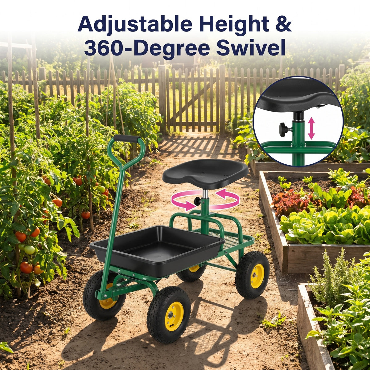 Airfind Red/Green Garden Cart Rolling Work Seat With Heavy Duty Tool Tray Gardening Planting, 33 x 16 x 22 Footprint, Green