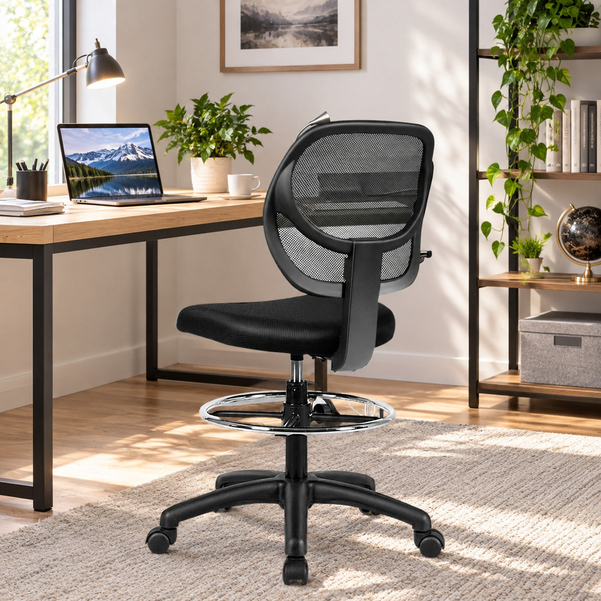 Airfind Adjustable Height Mid Back, Mesh Drafting Office Chair, 330 lbs Capacity, Mesh sponge plasticOverall Frame, BlackMain, Natural
