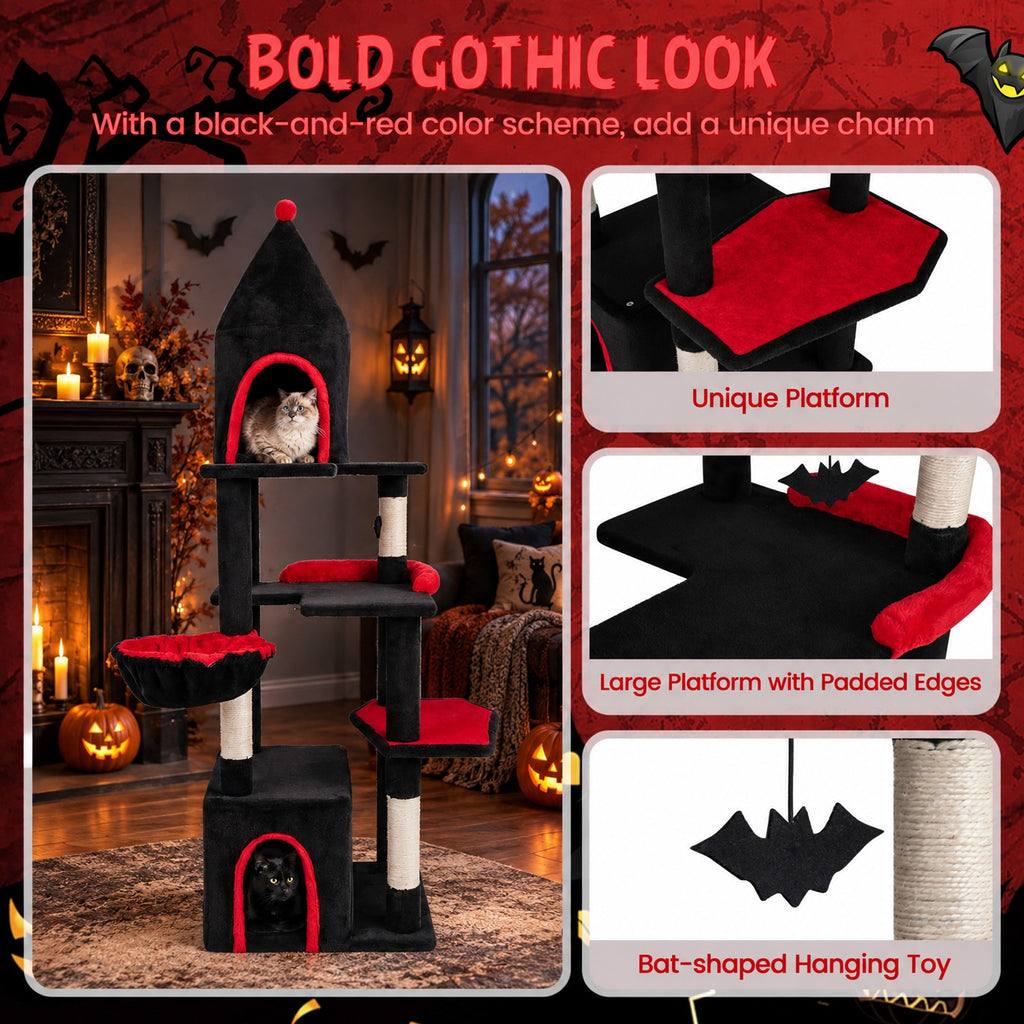 Airfind 63 Inch Gothic Cat Tree with Condo and Top Cave for Large Cats 20+ LBS, 22 lbs Capacity, Black