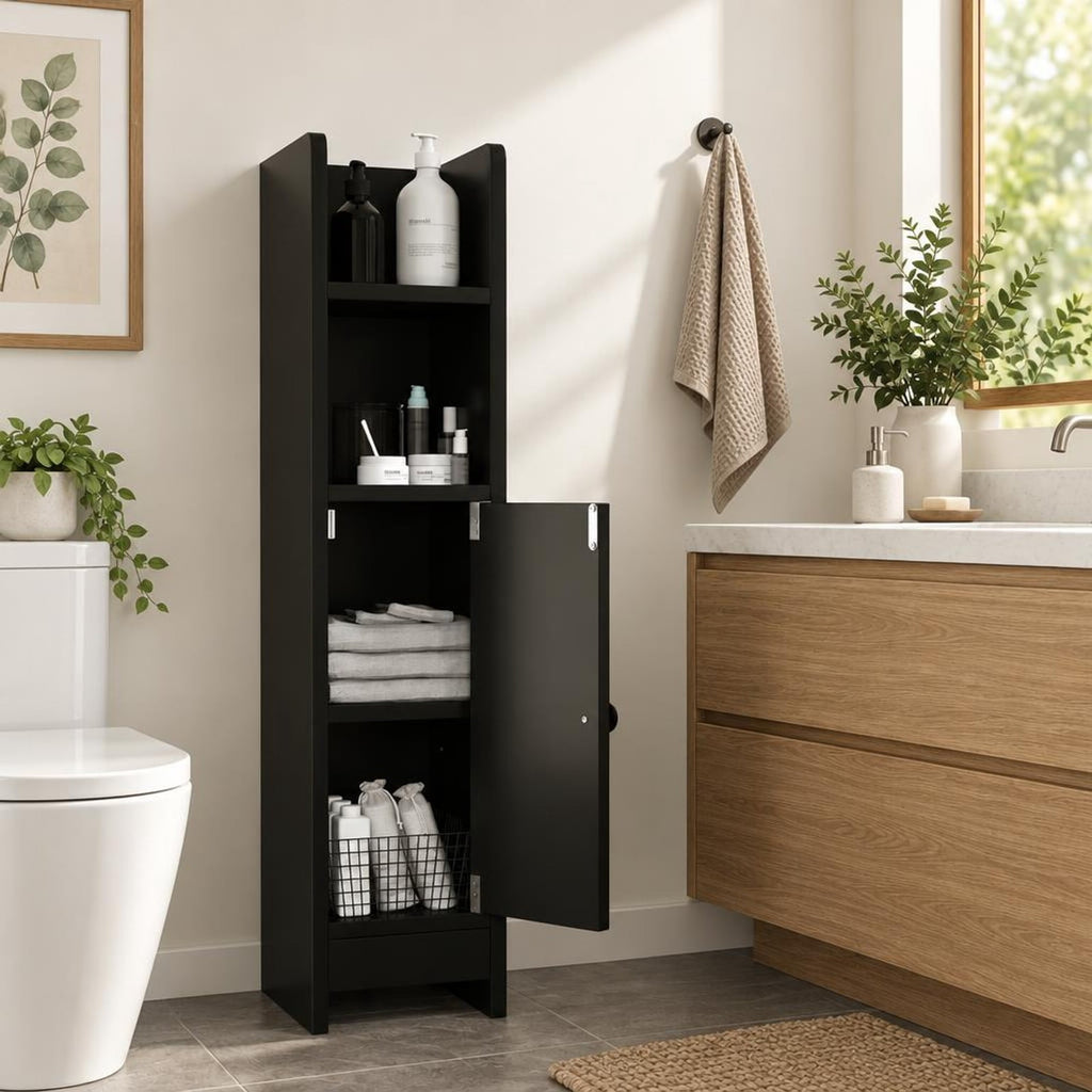 Airfind Bathroom Slim Cabinet Corner with Door and Adjustable Shelf, 44 lbs Capacity, Engineered Wood Frame, Black