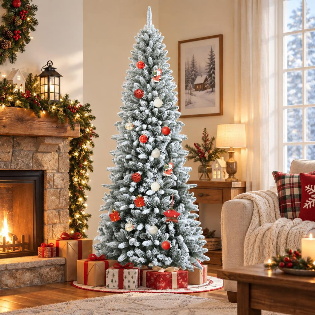 Airfind Snow-Flocked Hinged Artificial Christmas Pencil Tree with Mixed Tips-7.5 ft, White, Number of tips 373 829 1189