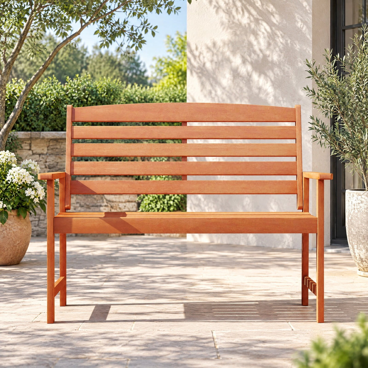 Airfind Outdoor Wooden Bench for 2 People with Curved Seat, Slatted Back and Armrests, 530 lbs Capacity for Porch and Patio, Natural