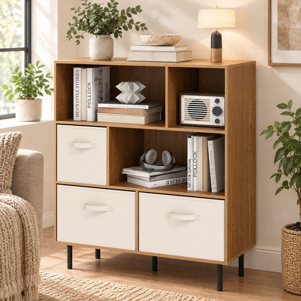 Airfind 6-Cube Bookshelf with 3 Removable Folding Fabric Drawers for Living Room, 330 lbs Capacity, Metal Engineered Wood Frame, Natural