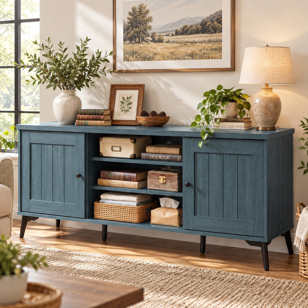 Airfind 2-Door TV Stand for TVs up to 65 Inch Mid Century Modern Entertainment Center, 176 lbs Capacity, Engineered Wood Metal Frame, Turquoise
