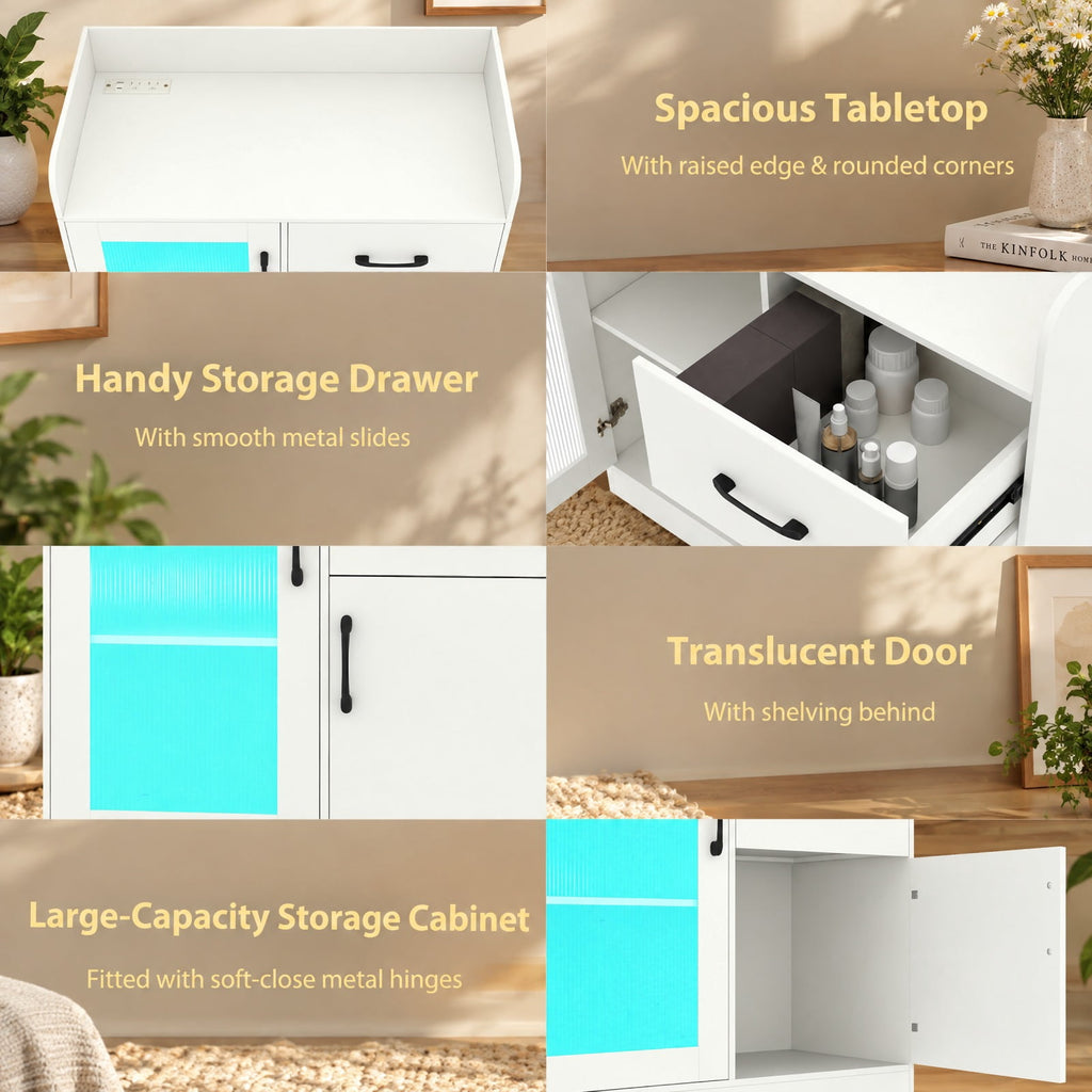 Airfind LED Buffet Sideboard with Charging Station with Drawer and Translucent Fluted Door, 110 lbs Capacity, Engineered Wood MDF PC Frame, White