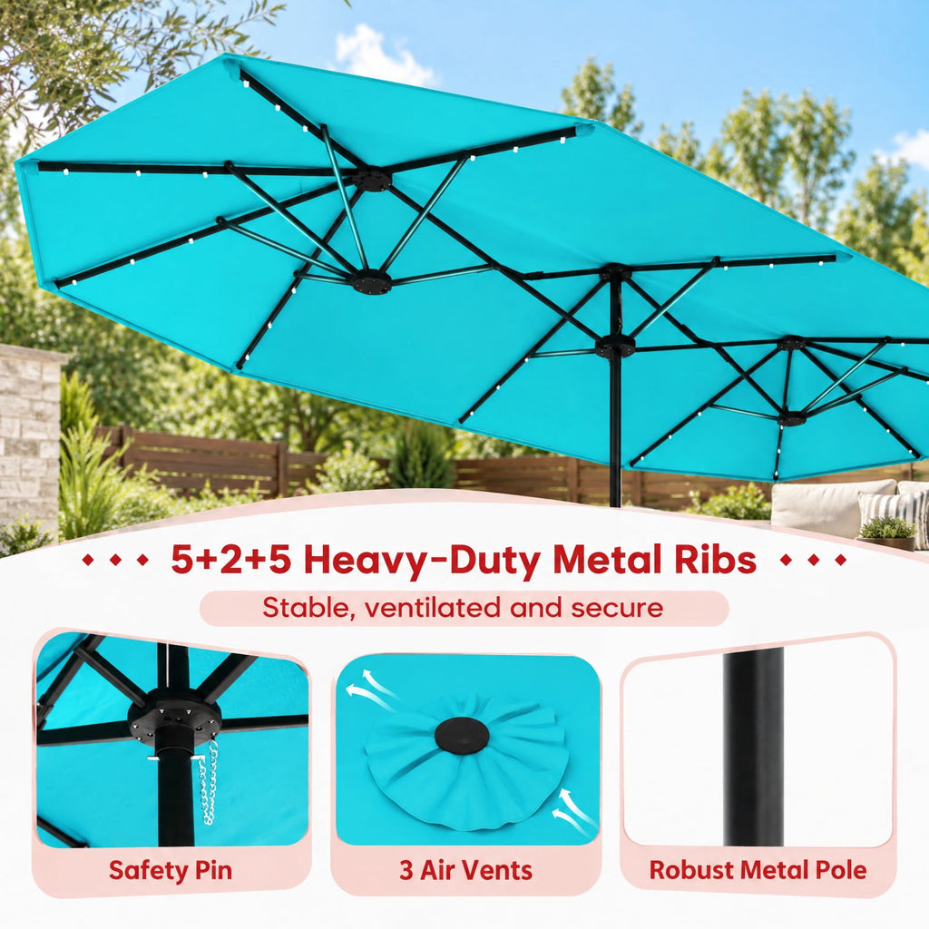Airfind 13FT Double-sided Patio Umbrella with Solar Lights for Garden Pool Backyard, Metal 180g Yarn Dyed Fabric PA Coating Frame, Turquoise