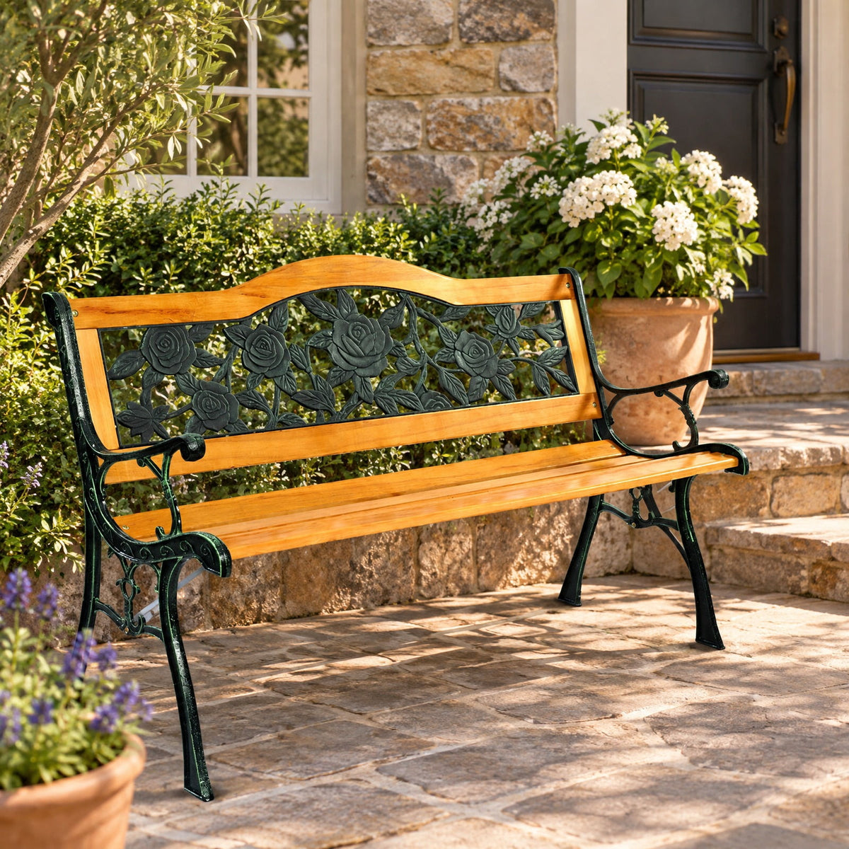 Airfind Garden Bench Chair Outdoor Wooden Loveseat with Iron Armrest, 463 lbs Capacity, Cast Iron Frame, Black + Natural