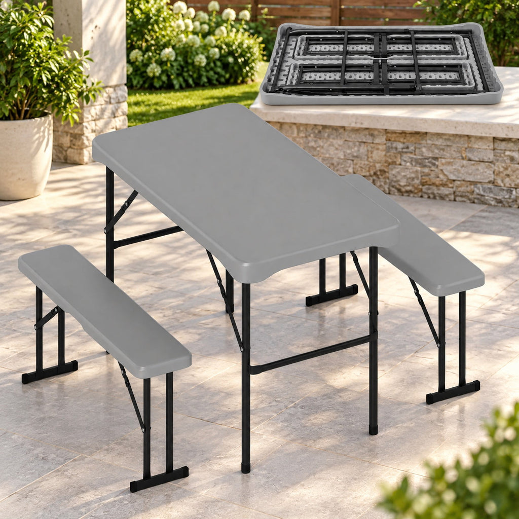 Airfind 44 Inch HDPE Folding Picnic Table Set with 2 Benches, 110 lbs Capacity, HDPE Metal Frame, 44 Inch x 24 Inch x28 Inch Footprint, Grey