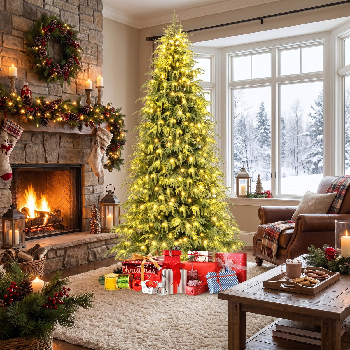 Airfind 7/7.5/8 Feet Pre-Lit Artificial Christmas Tree Hinged Faux Xmas Tree with Soft Branch Tips-8 feet, TPE PVC Metal Frame, 4 x 7 ft Footprint