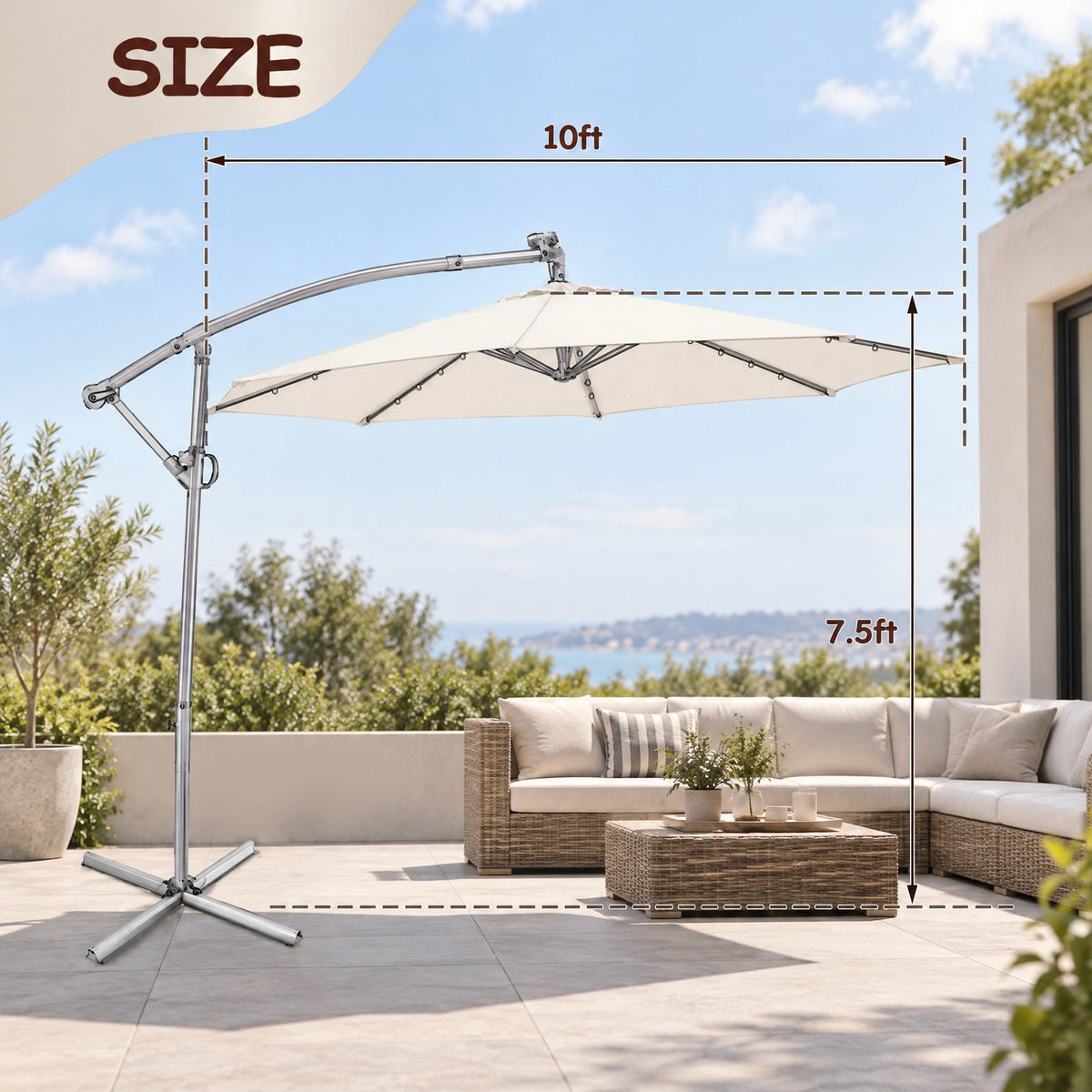 Airfind 10 ft 360° Rotation Solar Powered LED Patio Offset Umbrella without Weight Base, Steel aluminum polyester fabric Frame, 10 x 7.5 Footprint