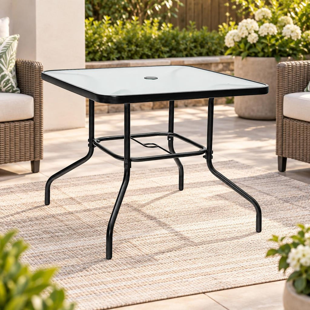 Airfind 35 Inch Patio Dining Square Tempered Glass Table with Umbrella Hole, 200 lbs Capacity, Steel tempered glass Frame, Black