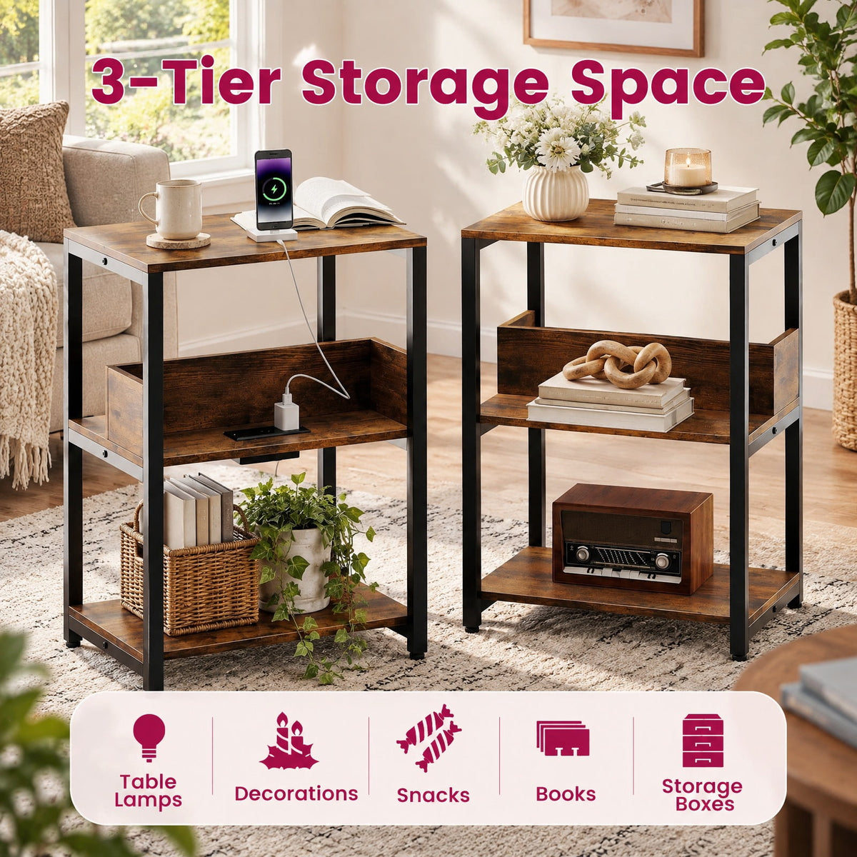 Airfind Side End Table with Charging Station and Open Shelves, 66 lbs Capacity, Engineered Wood Metal Frame, 16 x 12 x 24 Footprint, Brown