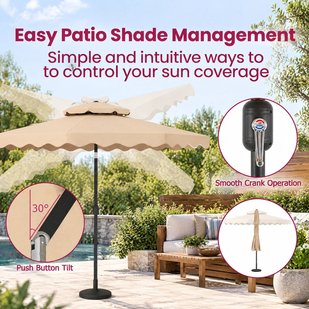 Airfind 9 Feet Patio Umbrella with Push Button Tilt and Crank, Polyester Fabric Metal Frame, 9 x 8.1 ft Footprint, Beige
