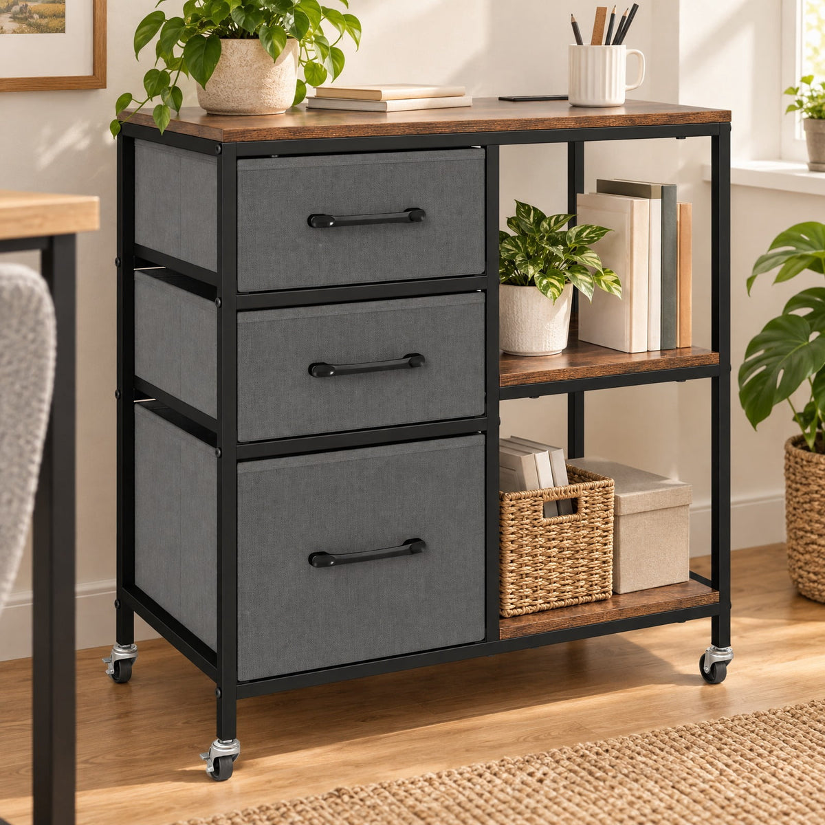 Airfind 3 Drawer Mobile File Cabinet with Charging Station Rolling Printer Stand with Open Storage Shelves, 44 lbs Capacity, Brown