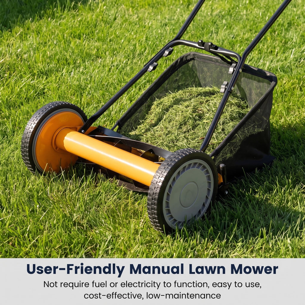 Airfind 16 Inch Push Lawn Mower with 5 Steel Blades and Grass Catcher Bag, Manganese Steel Metal PVC PP Frame, Orange