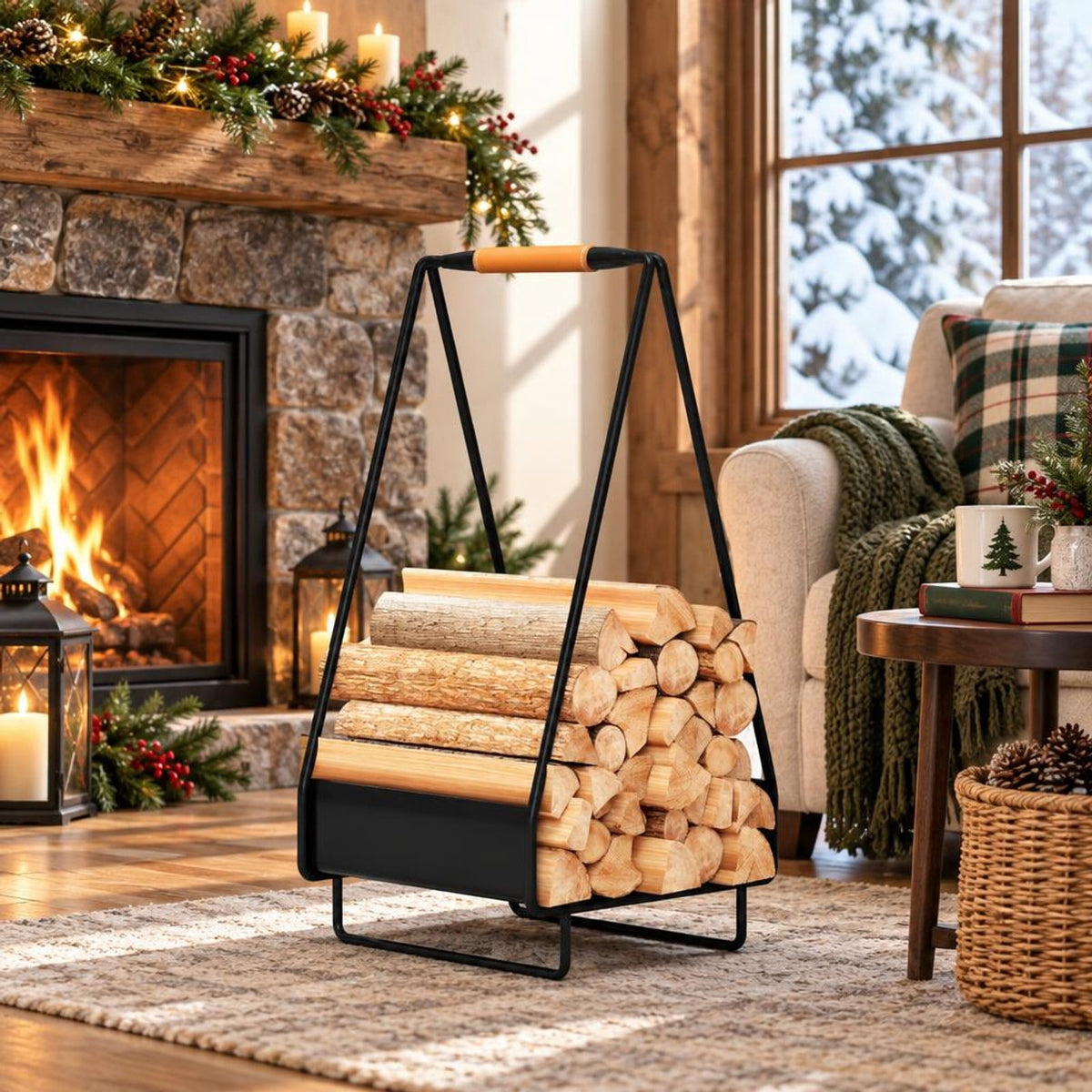 Airfind Firewood Storage Rack Heavy, 55 lbs Capacity, Metal Leather Frame, 12 Inch x 12 Inch x 24 Inch Footprint, Black