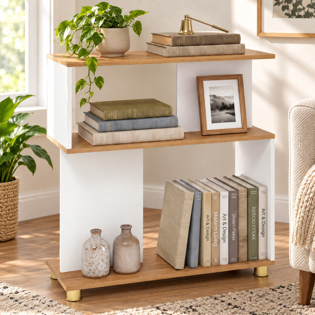 Airfind 3-Tier Modern S-shaped Bookshelf with Adjustable Feet, 135 lbs Capacity, Engineered Wood Frame, White