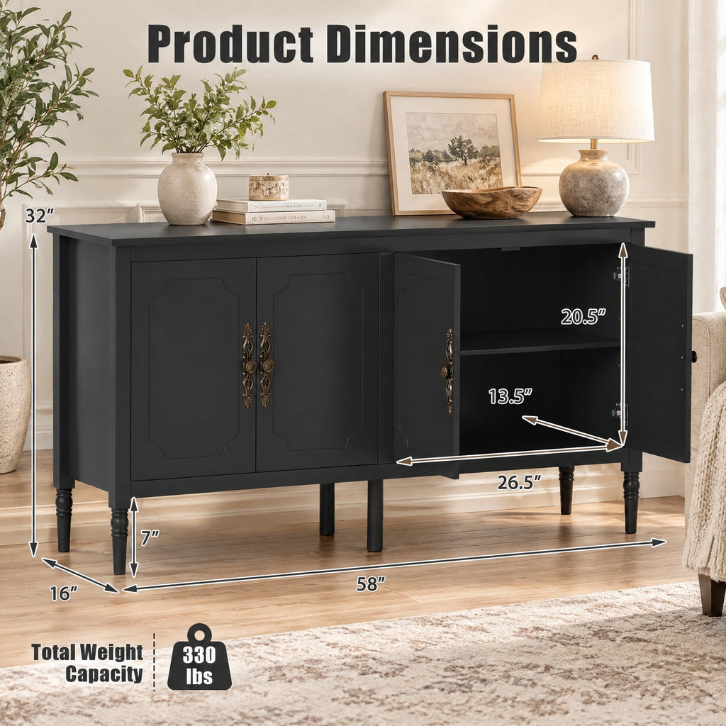 Airfind 58 Vintage Buffet Cabinet with Pine Wood Legs and Adjustable Shelves for Kitchen, 150 lbs Capacity, Engineered Wood Pine Wood Metal Frame