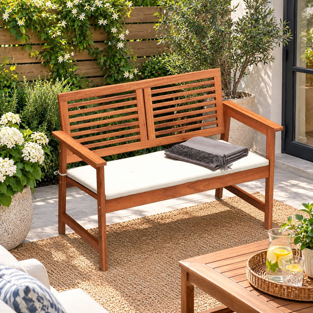 AIRFIND Outdoor Bench for 2 with Solid Wood Frame, Slatted Backrest and Tie-On Seat Cushion, 43.5 inch Patio Loveseat, Natural and Off White