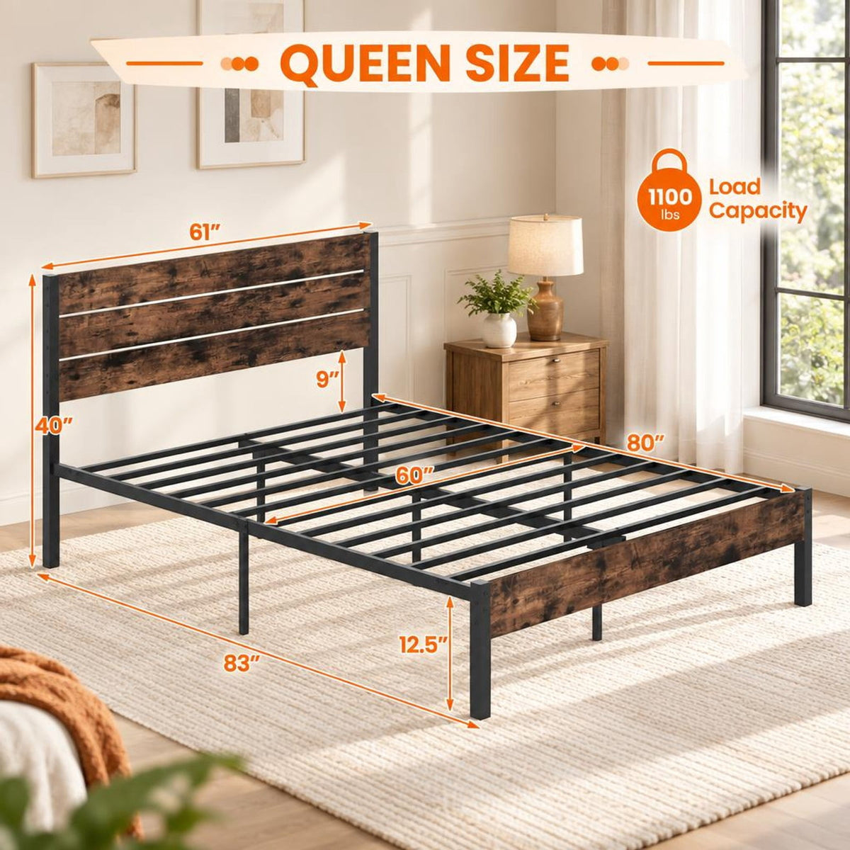 Airfind Queen Metal Bed Frame with Wood Headboard, 12 Slats, Under-Bed Storage, No Box Spring, Rustic Brown