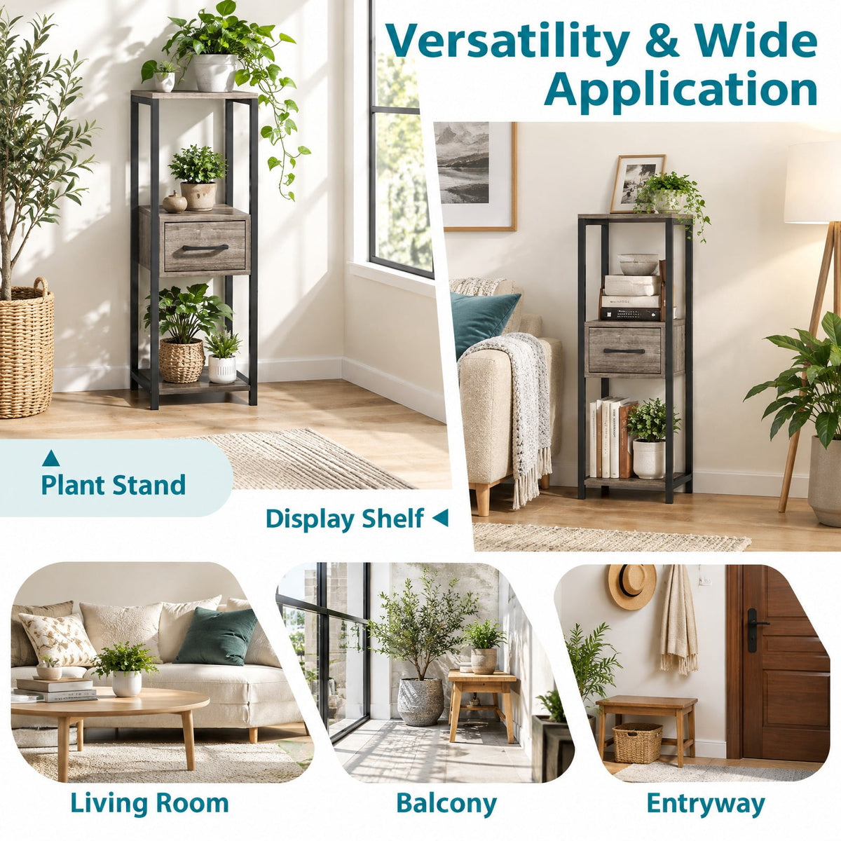 AIRFIND Plant Stand with Three Display Tiers and Storage Drawer, Tall Metal Frame Shelf for Potted Plants, 12 x 12 x 36 in, Gray and Black