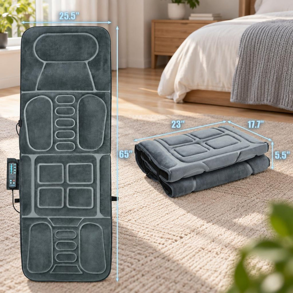 Airfind Foldable Massage Mat with Heat and 10 Vibration Motors, Polyester memory foam Frame, 65 x 25.5 Footprint, Gray