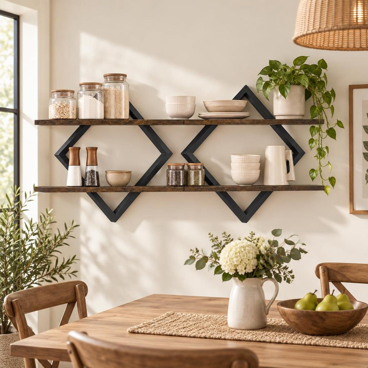 Airfind Set of 2 Metal Floating Shelves for Wall featuring Geometric Frame, Engineered Wood Metal Frame, 15 Inch x 6.5 Inch x 14 Inch Footprint, Brown