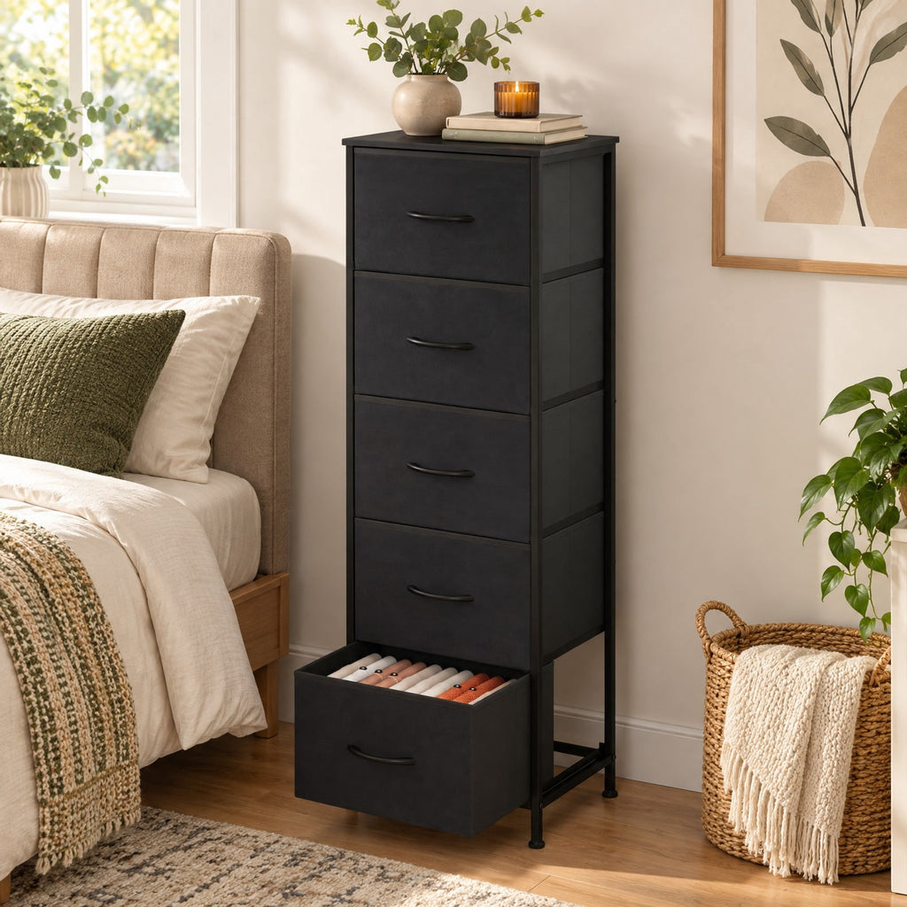 Airfind Dresser Nightstand with 5 Roomy Fabric Drawers for Bedroom, 130 lbs Capacity, Metal Engineered Wood Non-Woven Fabric Frame, Brown