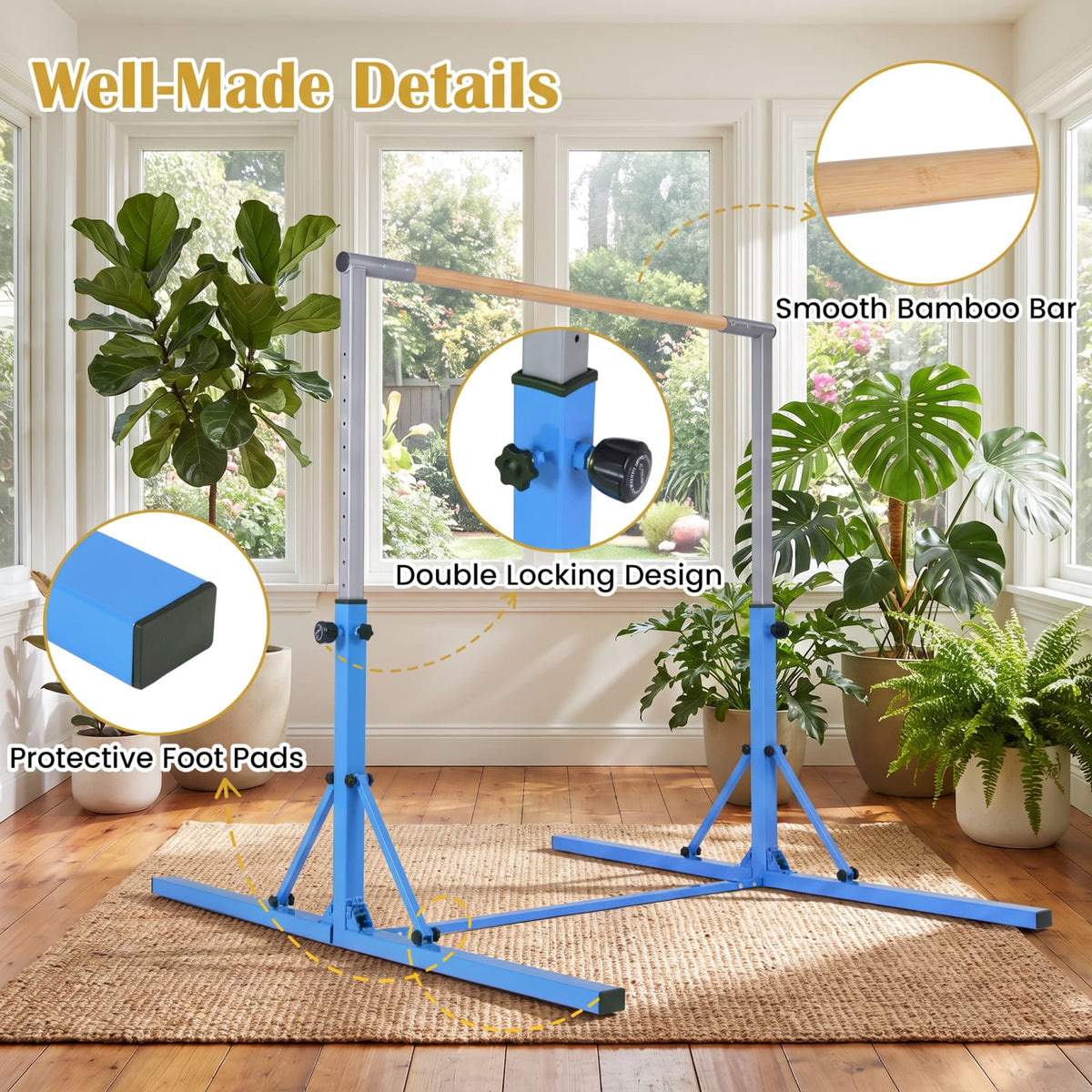 Airfind Foldable Gymnastics Bar for Kids with 3 Level Adjustable Height and Bamboo Grip Bar for Home Balance and Coordination Training, Blue