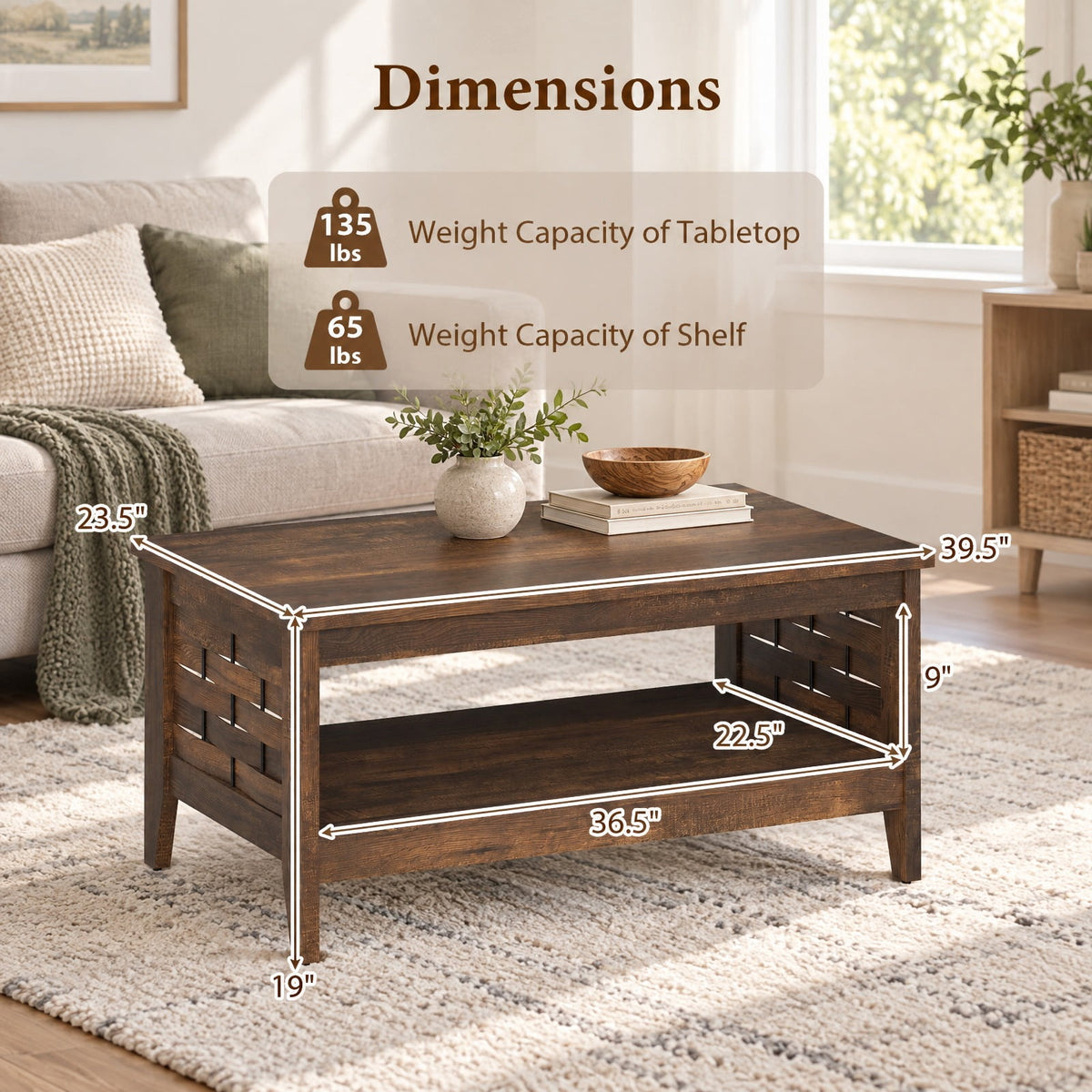 Airfind 2-Tier Farmhouse Coffee Table with Open Shelf and Woven Decorations for Living Room, 135 lbs Capacity, Engineered Wood MDF Frame, Coffee