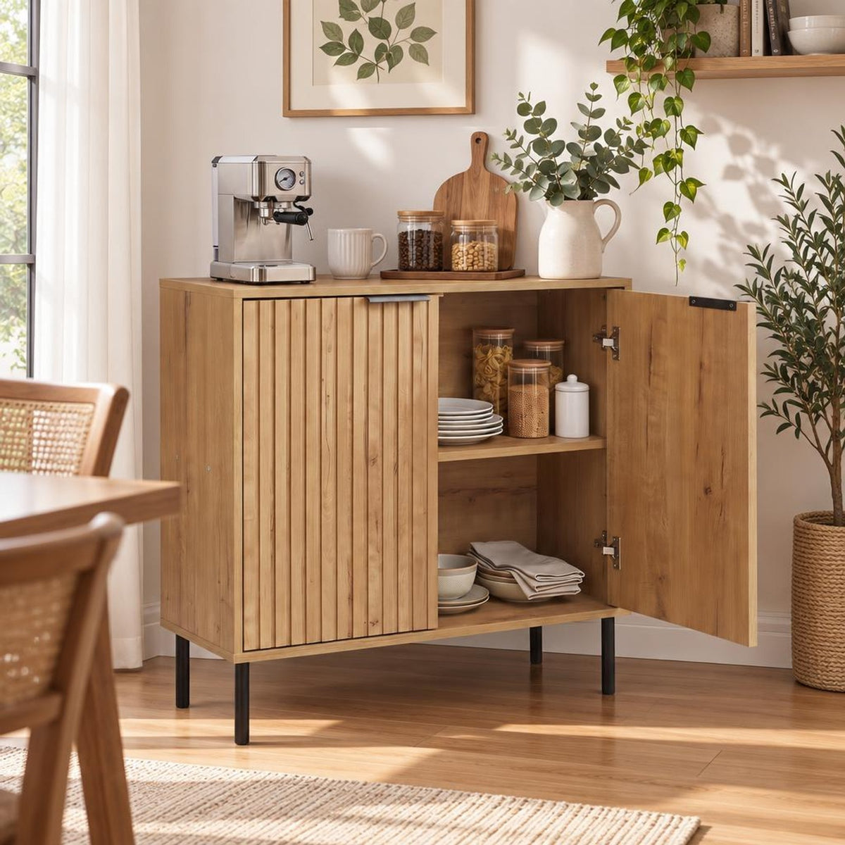 Airfind Fluted Buffet Cabinet with 2-Door Sideboard for Kitchen and Dining Room, Black Oak + BlackMaterial Engineered Wood MetalOverall