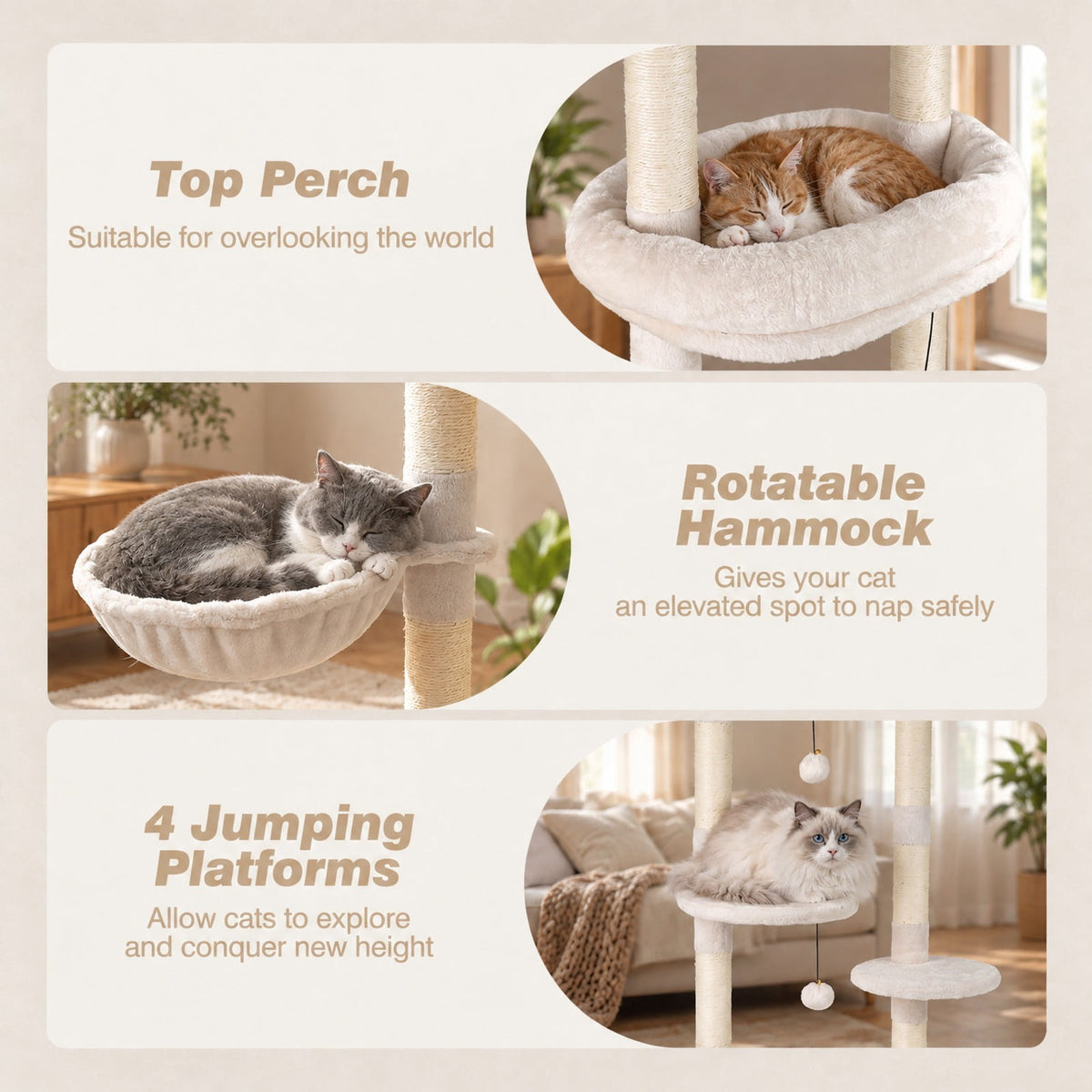 Airfind 6-tier Floor to Ceiling Cat Tree with Plush Bed and Sisal Scratching Posts, 33 kg Capacity, Plywood Plush Metal Sisal Rope Frame, Beige