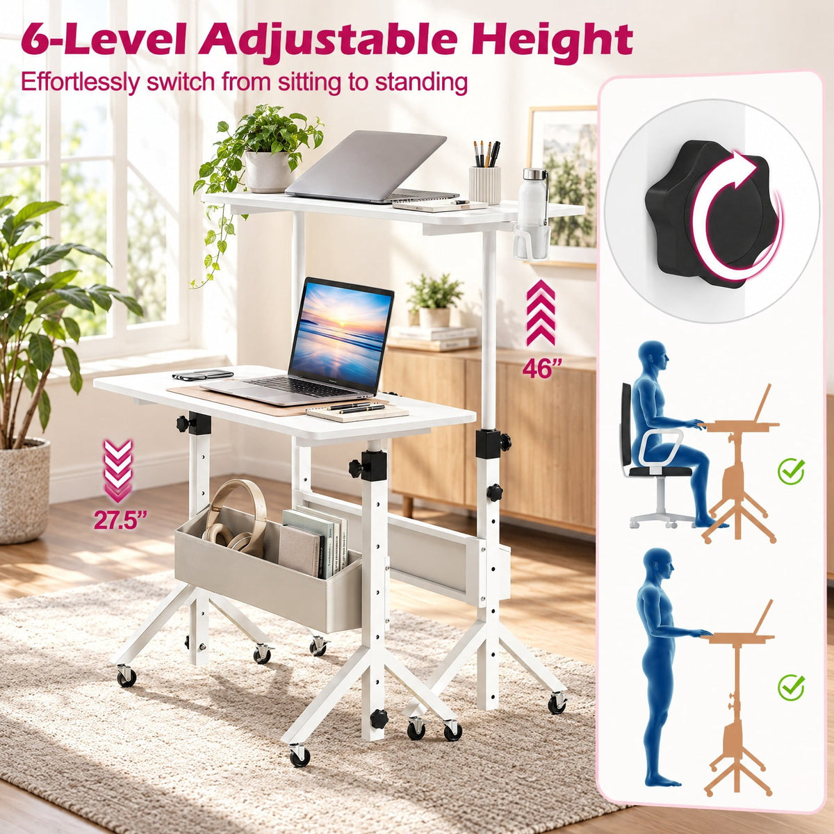 Airfind Mobile Standing Desk Height Adjustable Rolling Laptop Desk with Cup Holder Storage Basket, 110 lbs Capacity, White