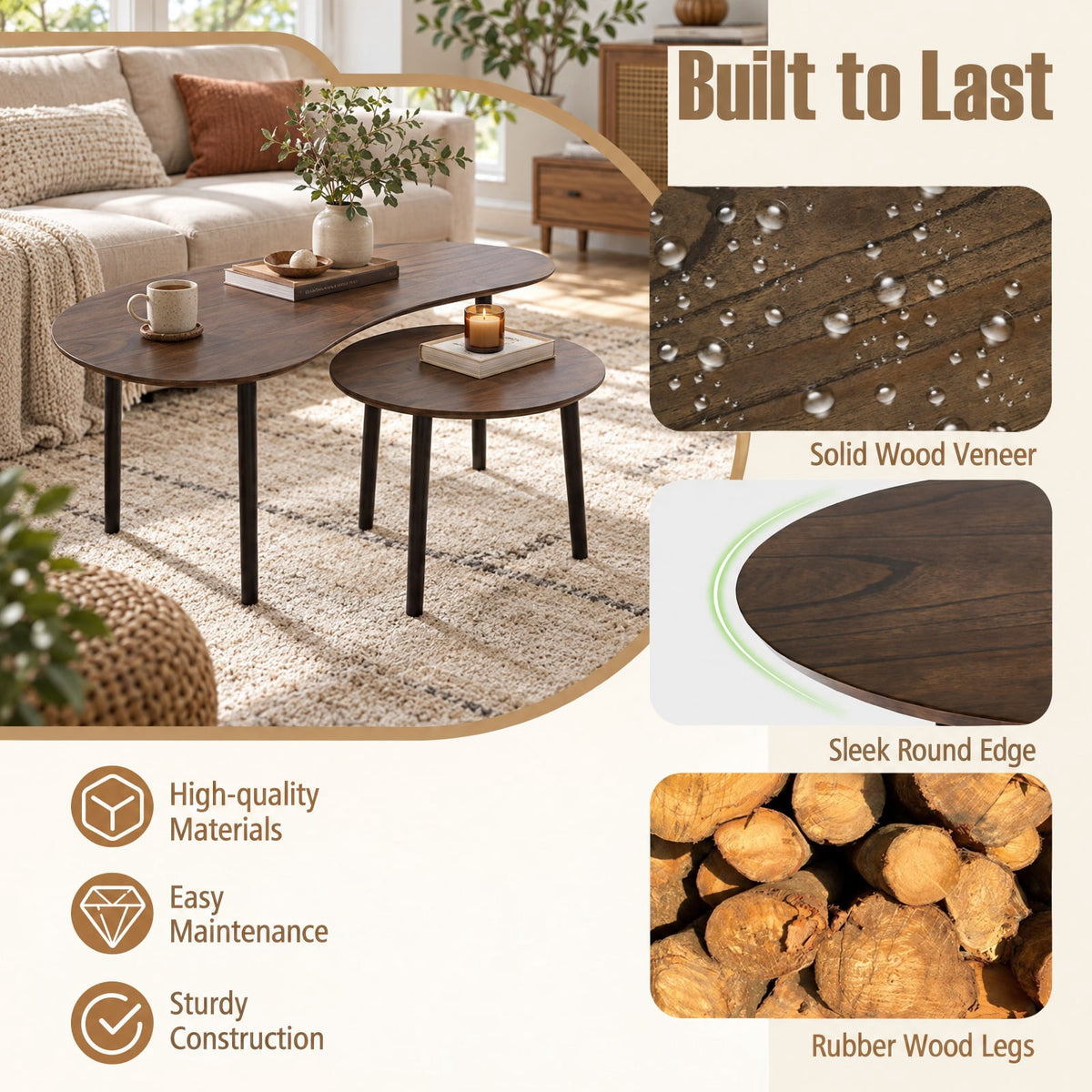Airfind 2 Pieces Mid Century Nesting Tables with Rubber Wood Legs, 66 Lbs Capacity, Rubber Wood MDF for Convenient Everyday Use, Walnut