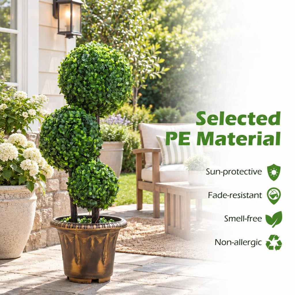 Airfind 29 Inches Artificial Boxwood Topiary Tree Triple Ball Shrubs, PE Metal Solid Wood Cement PP Tree Height 29 Inch/35 Inch Pot, Black