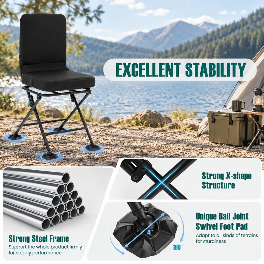 Airfind Swivel Folding Chair with Backrest and Padded Cushion, Sponge Steel Oxford Fabric PVC Frame, 19 Inch x 22 Inch x 35 Inch Footprint, Black